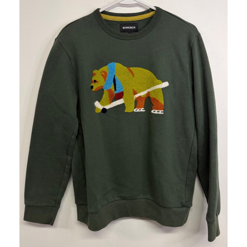 Bonobos Mens XS Green Hockey Bear Chenille Patch Fleece Sweatshirt BKT10640N